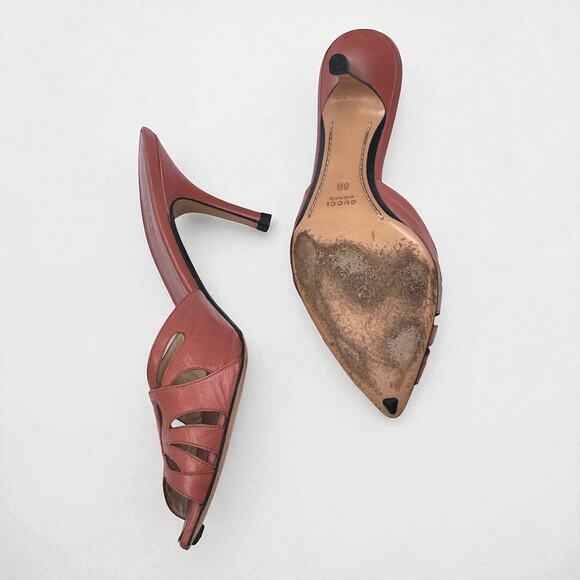 Gucci Pink Leather Peep Toe Mules | Stiletto Heels | Size 38 - Picture 6 of 9